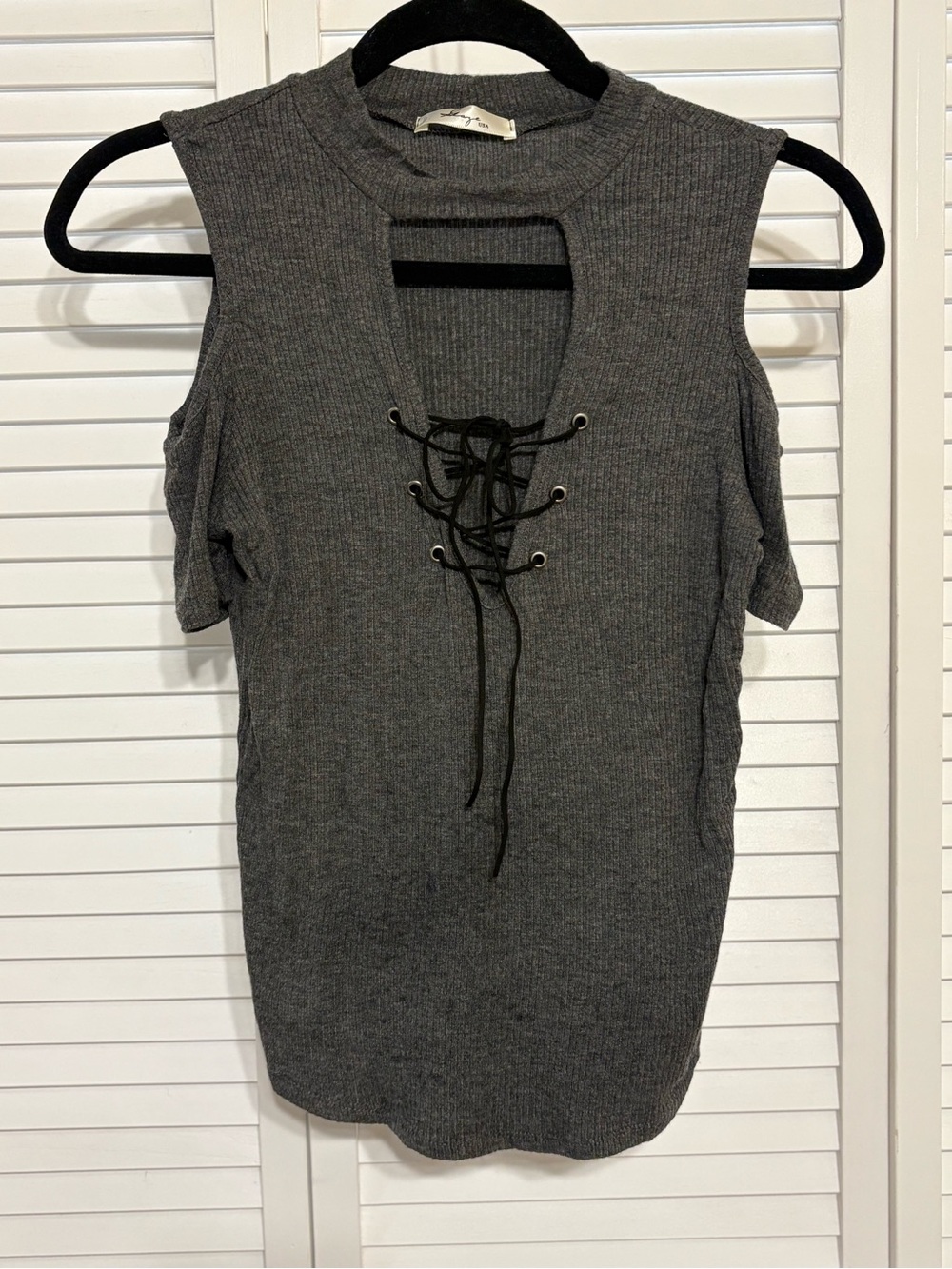 Lace-Up Cold-Shoulder Crop Top - Gray